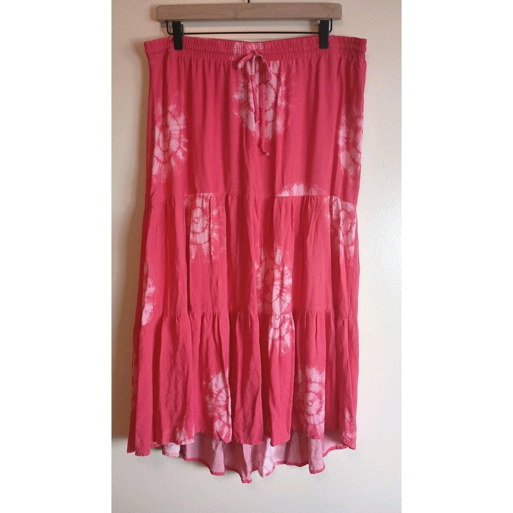 Knox Rose Pink Tie Dye Tiered Midi‎ Skirt Size L Boho Rayon